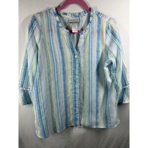 Alfred Dunner Petite Small Top Blue Green Striped 3/4 Sleeve Crochet Trim Blouse